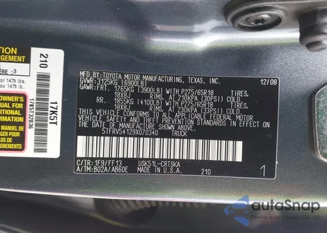 2009 Toyota Tundra Sr5 5.7L V8 z USA, uszkodzony, nr VIN 5TFRV54129X070340